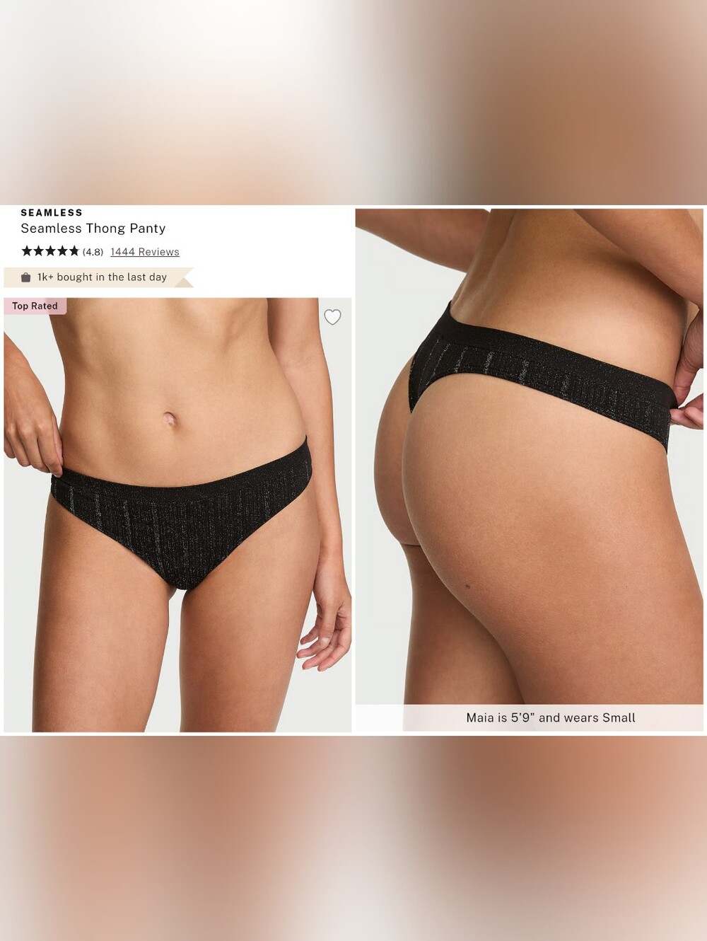 Victoria's Secret Sexy Seamless Black SHIMMER Thong Panty MEDIUM
